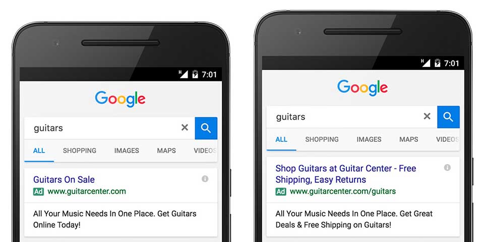 Two smartphones showing Google search results for "guitars," featuring ads for Guitars On Sale and Guitar Center.
