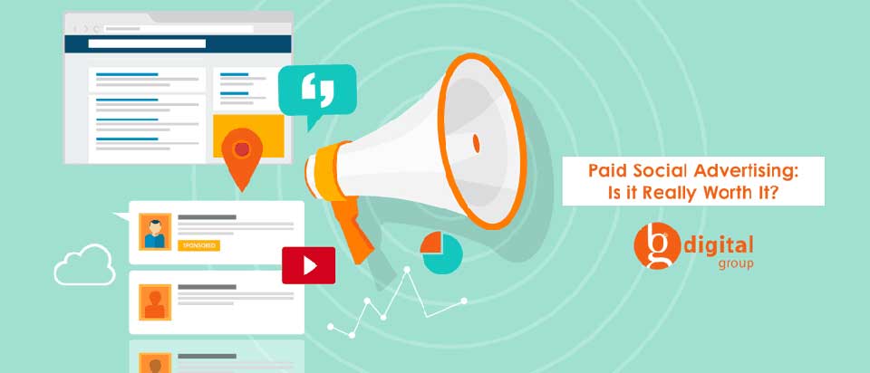 Megaphone with social media icons and text: "Paid Social Advertising: Is it Really Worth It?" by b digital group.