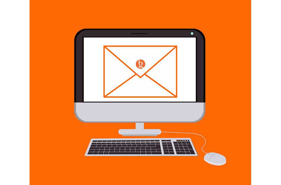 Computer monitor displaying an envelope icon, symbolizing email, with keyboard and mouse on an orange background.