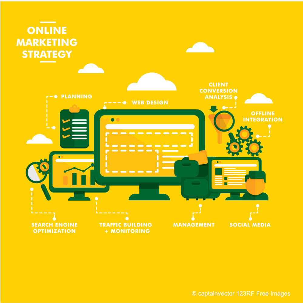 Illustration of online marketing strategy with icons for planning, SEO, web design, social media, and analytics.