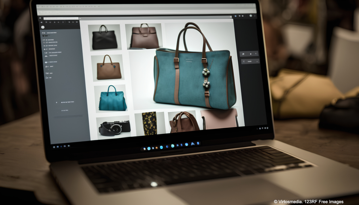 A laptop screen displays various handbag designs in an online store layout.