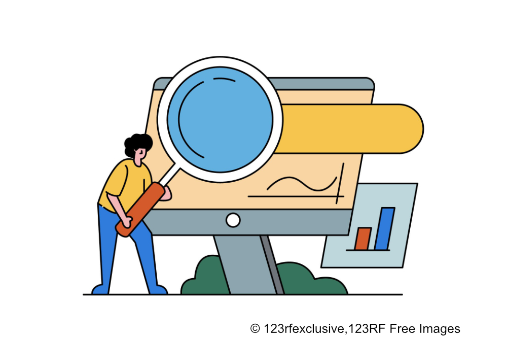 Illustration of a person holding a magnifying glass in front of a computer screen with graphs.