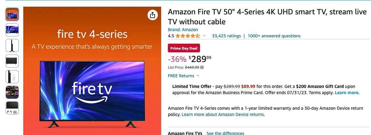 Amazon Fire TV 50-inch 4-Series 4K UHD smart TV product listing with price, discount, and promotional offers.