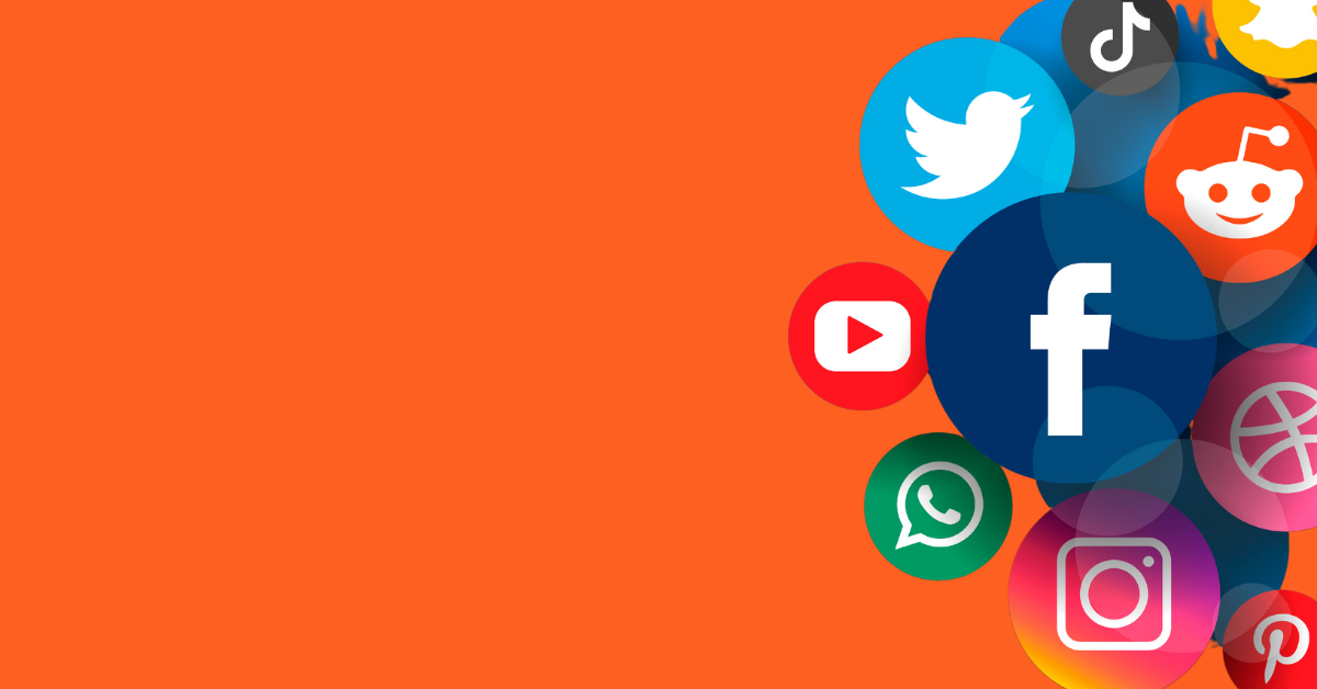 Social media app icons, including Facebook, Twitter, and Instagram, clustered on an orange background.