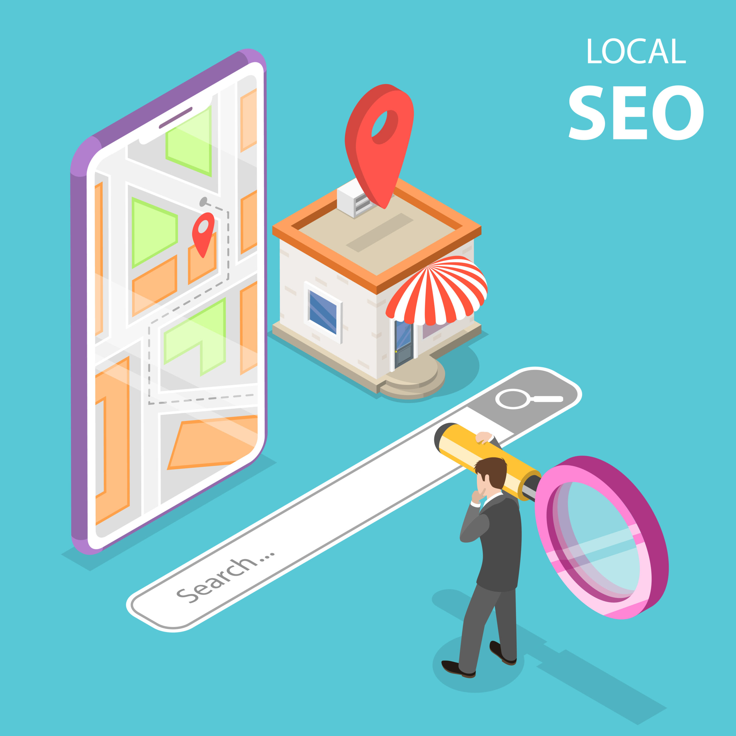 Isometric Flat Vector Concept Of Local Seo, Serching Store. Isometric illustration of geo SEO with a map on a phone, a storefront, and a person searching online.