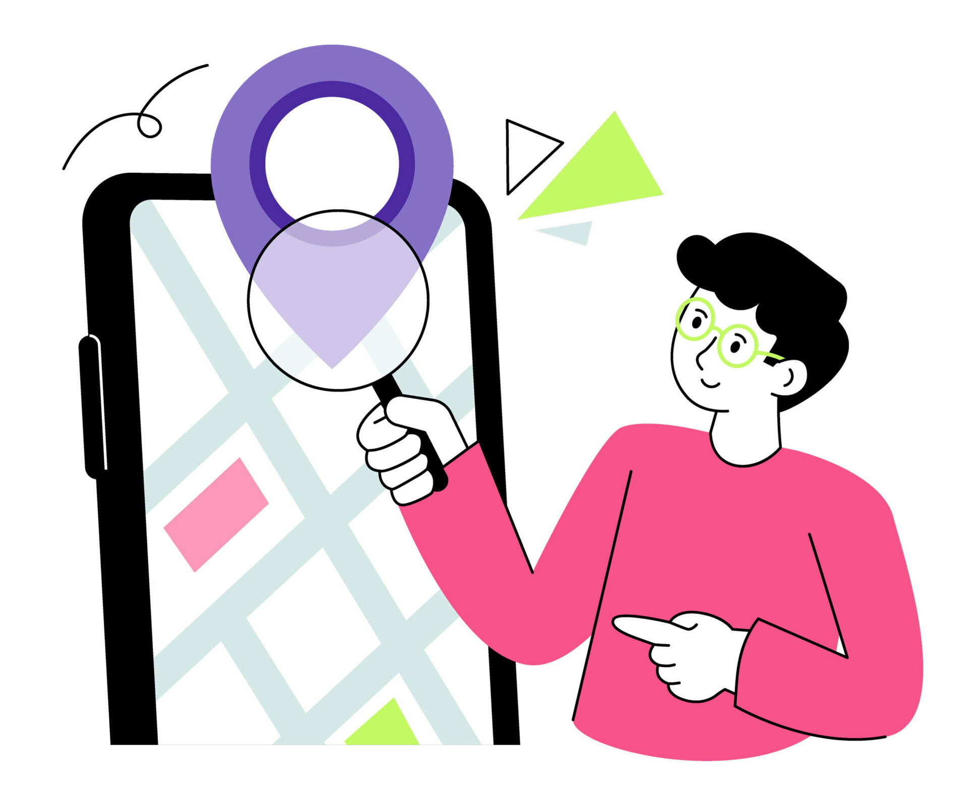 Illustration of a person using a magnifying glass to examine a geo map on a large smartphone screen.
